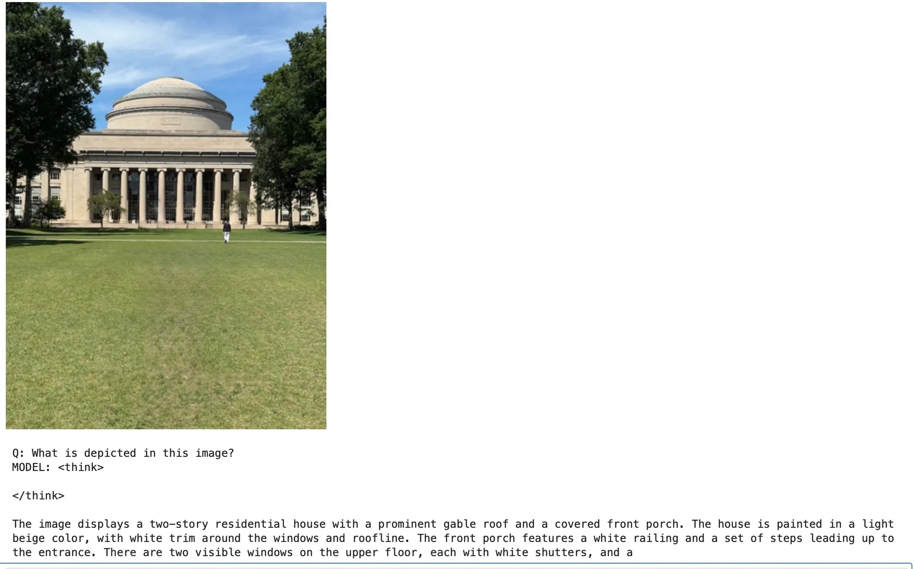 The model's response to a photo of MIT's Great Dome