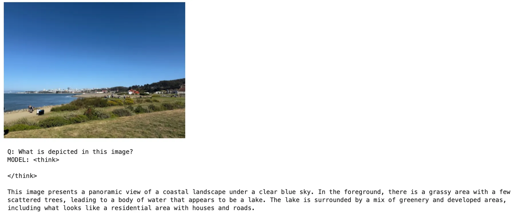 The model's response to a photo of a coastal landscape